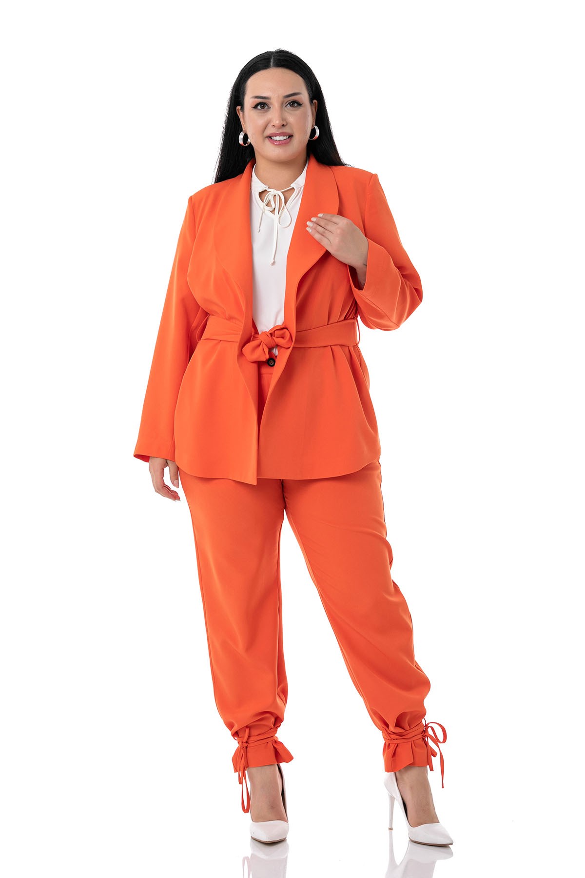 Plus Size Jacket Trousers Orange Suit with Tie Detail