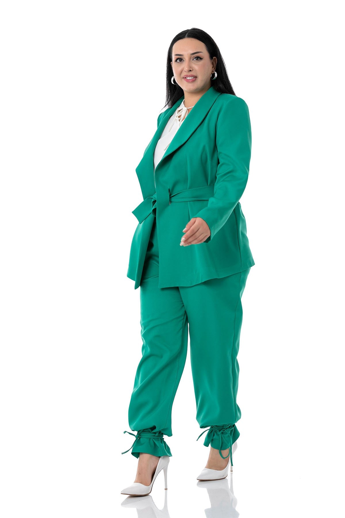 Plus Size Jacket Trousers Green Suit with Tie Detail