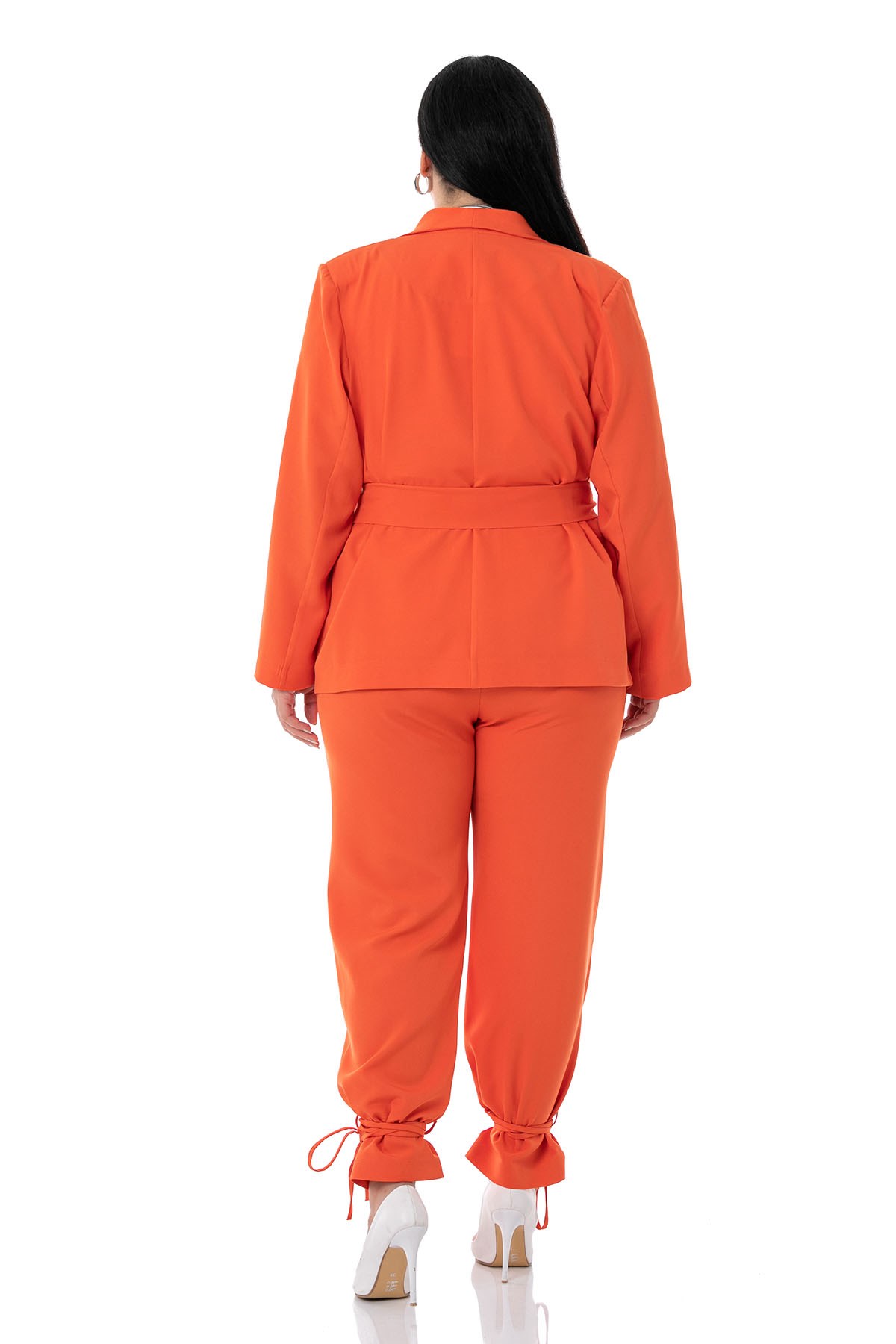 Plus Size Jacket Trousers Orange Suit with Tie Detail