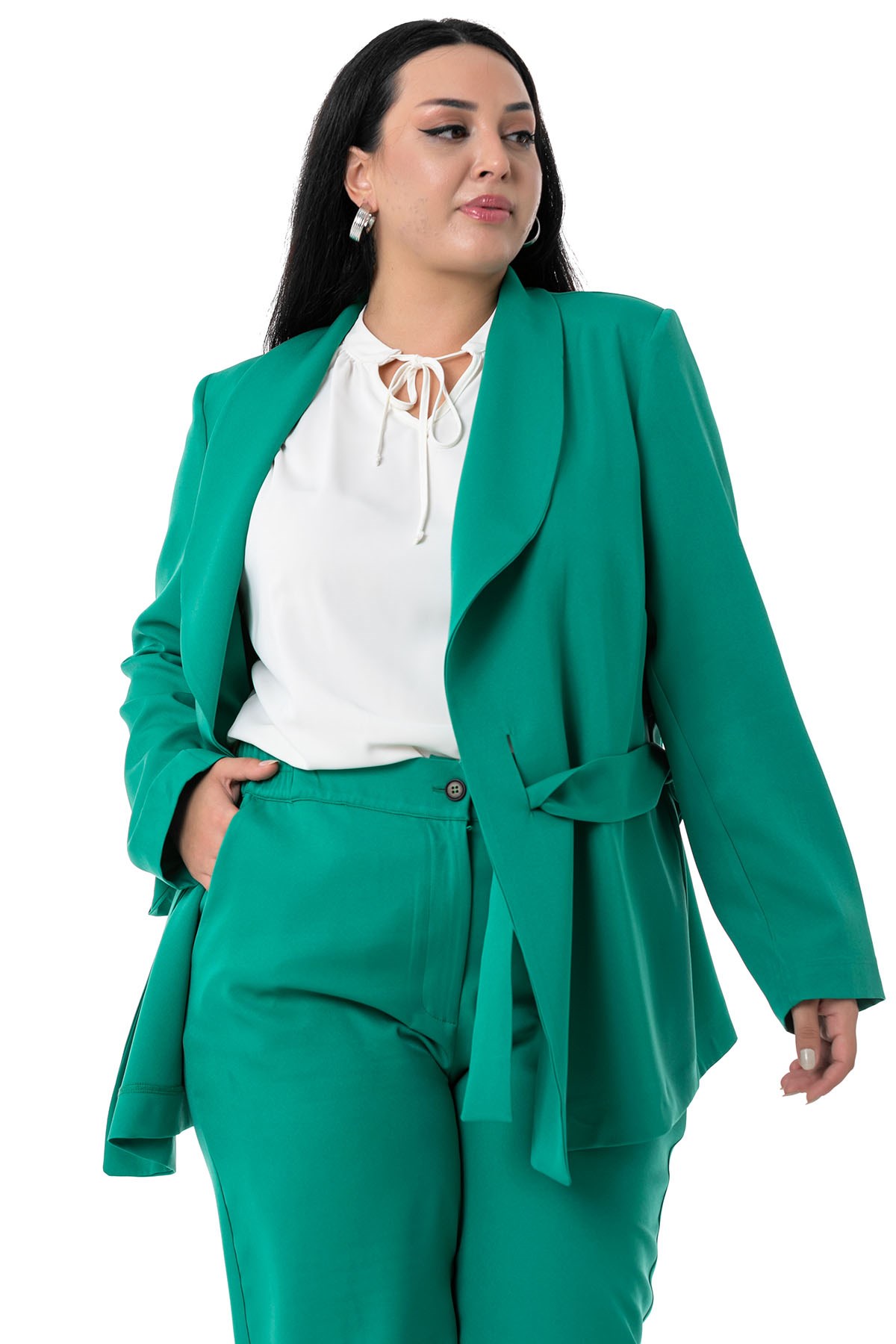 Plus Size Jacket Trousers Green Suit with Tie Detail