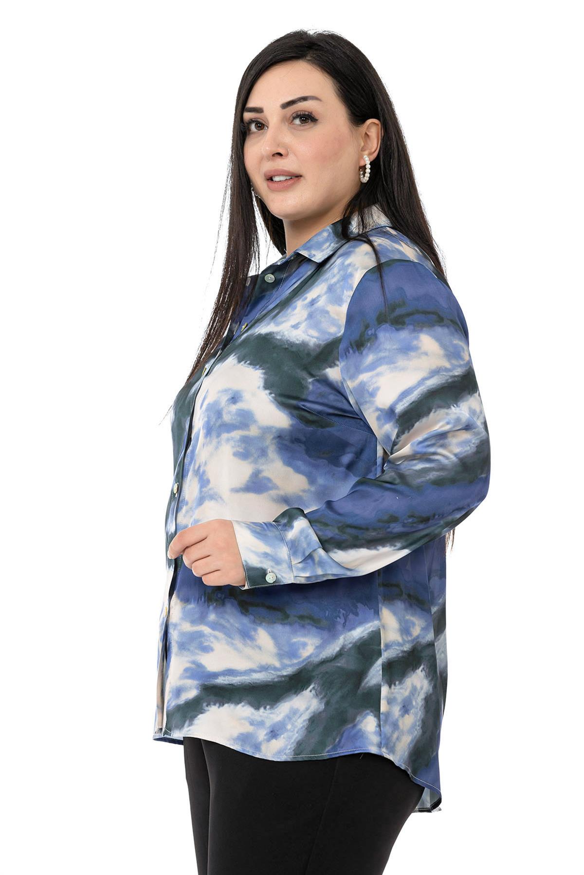 Büyük Beden Batik Desenli Saten İndigo Gömlek