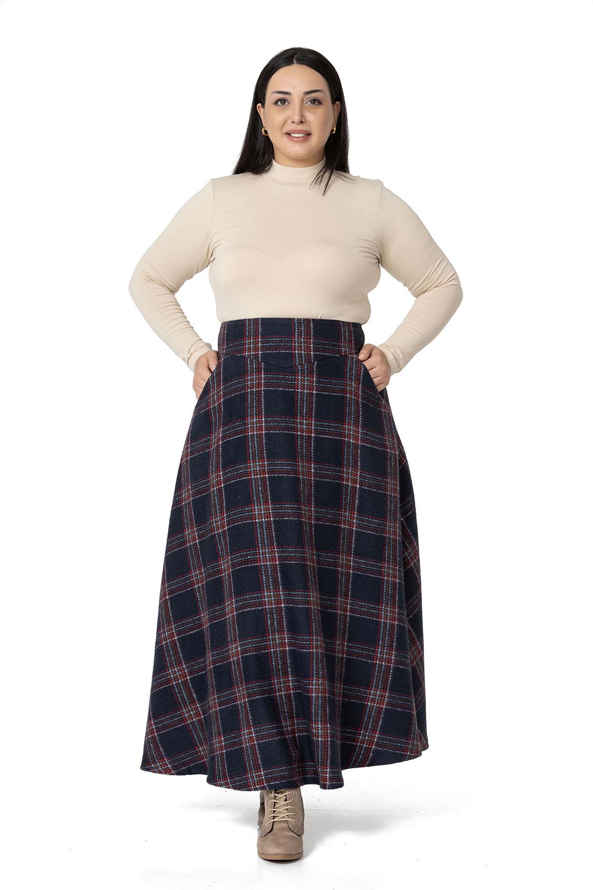 Plus Size Waist Detailed Pocket Zippered A-Line Plaid Navy Blue Long Skirt