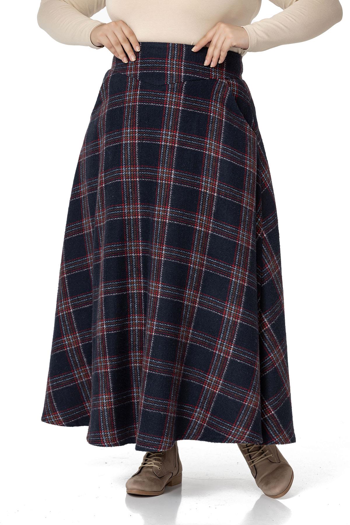 Plus Size Waist Detailed Pocket Zippered A-Line Plaid Navy Blue Long Skirt