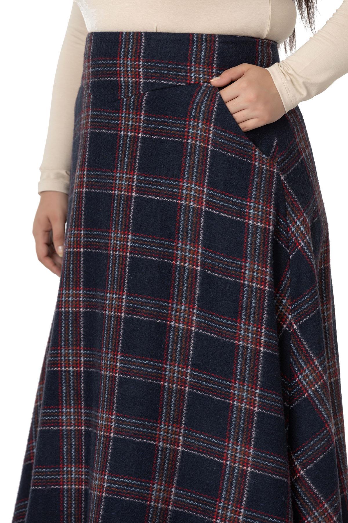 Plus Size Waist Detailed Pocket Zippered A-Line Plaid Navy Blue Long Skirt
