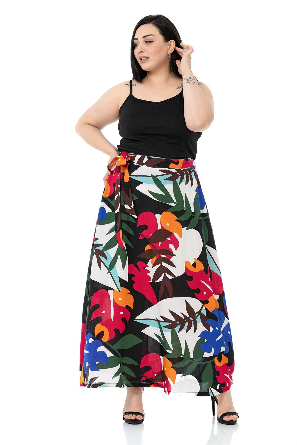 Plus Size Waist Elastic Back Flared Pocket Belted Long Colorful Skirt