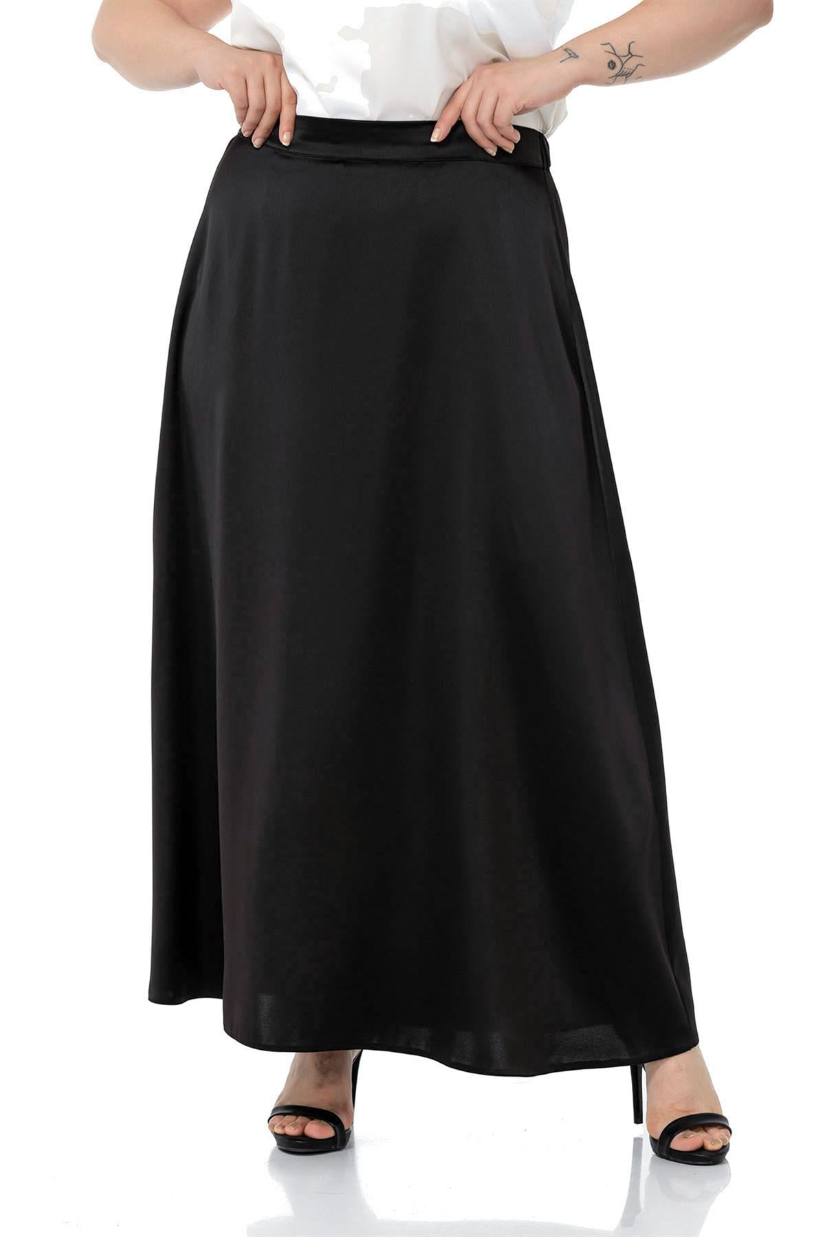 Plus Size Flared Satin Long Black Skirt with Elastic Waist Back