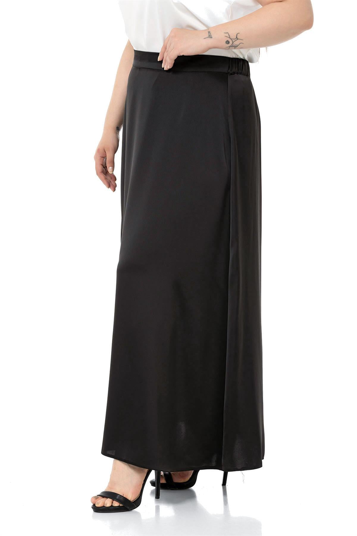Plus Size Flared Satin Long Black Skirt with Elastic Waist Back