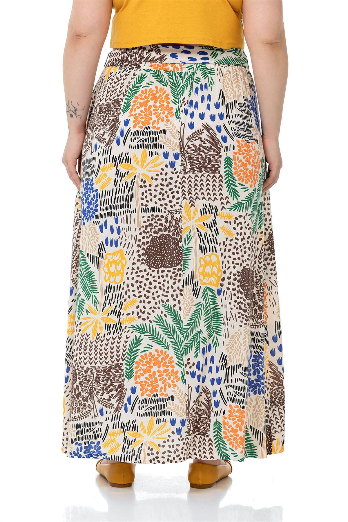 Plus Size Belted Long Ecru Skirt with Elastic Waist Back Flared Pockets