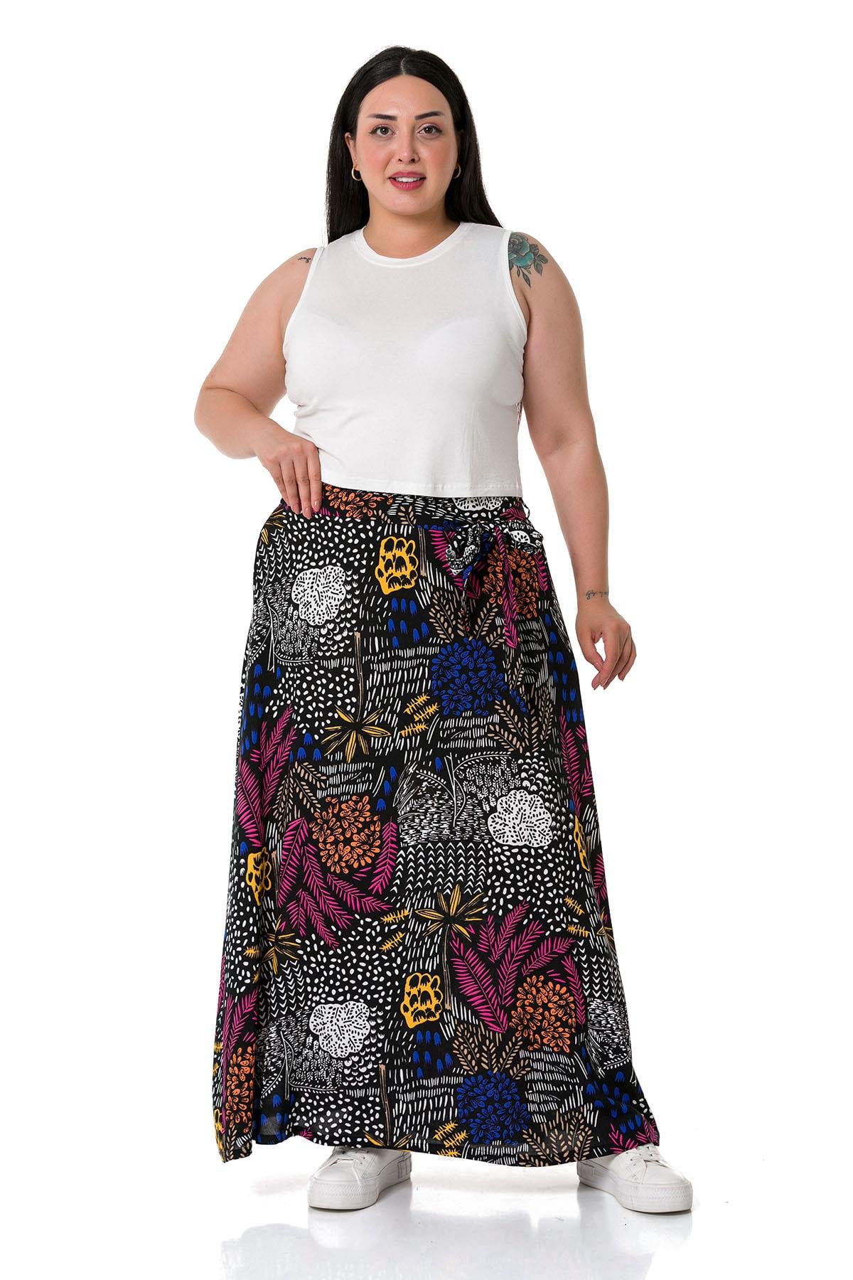Plus Size Belted Long Black Skirt with Elastic Waist Back Flared Pockets