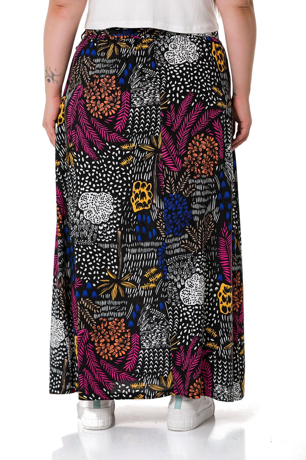 Plus Size Belted Long Black Skirt with Elastic Waist Back Flared Pockets