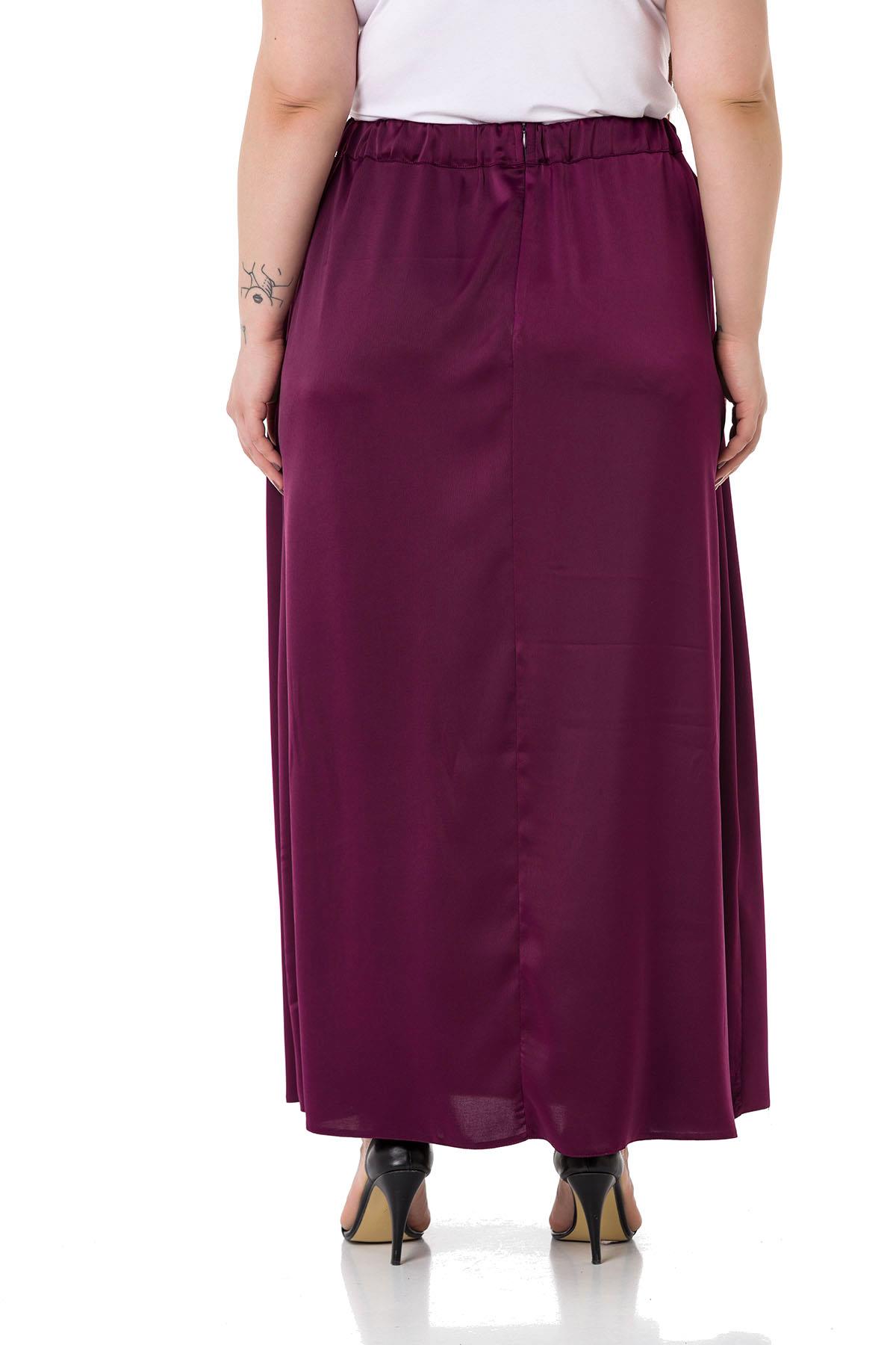Plus Size Flared Satin Long Plum Skirt with Elastic Waist Back