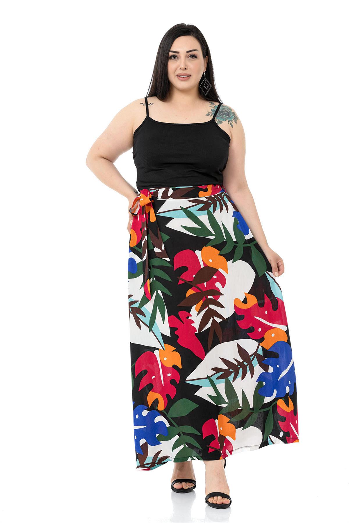 Plus Size Waist Elastic Back Flared Pocket Belted Long Colorful Skirt