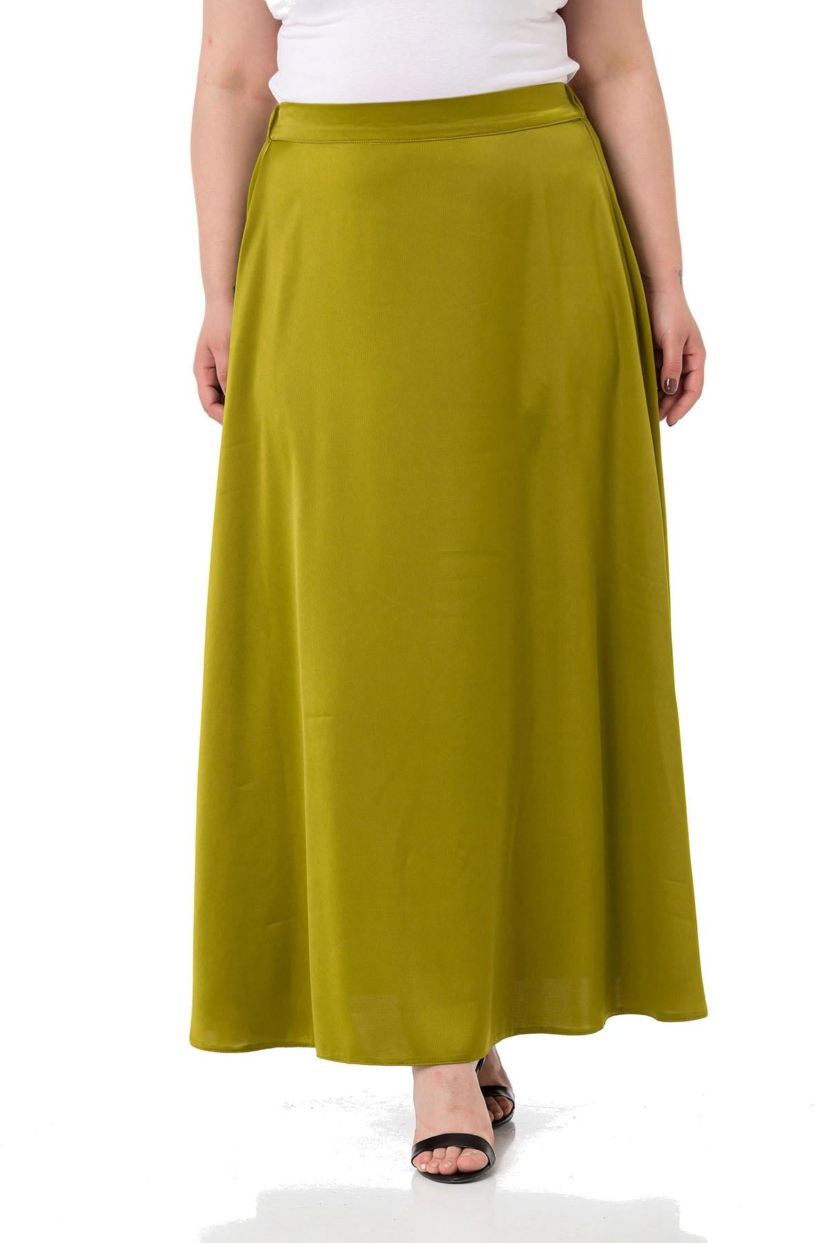 Plus Size Flared Satin Long Pistachio Skirt with Elastic Waist Back