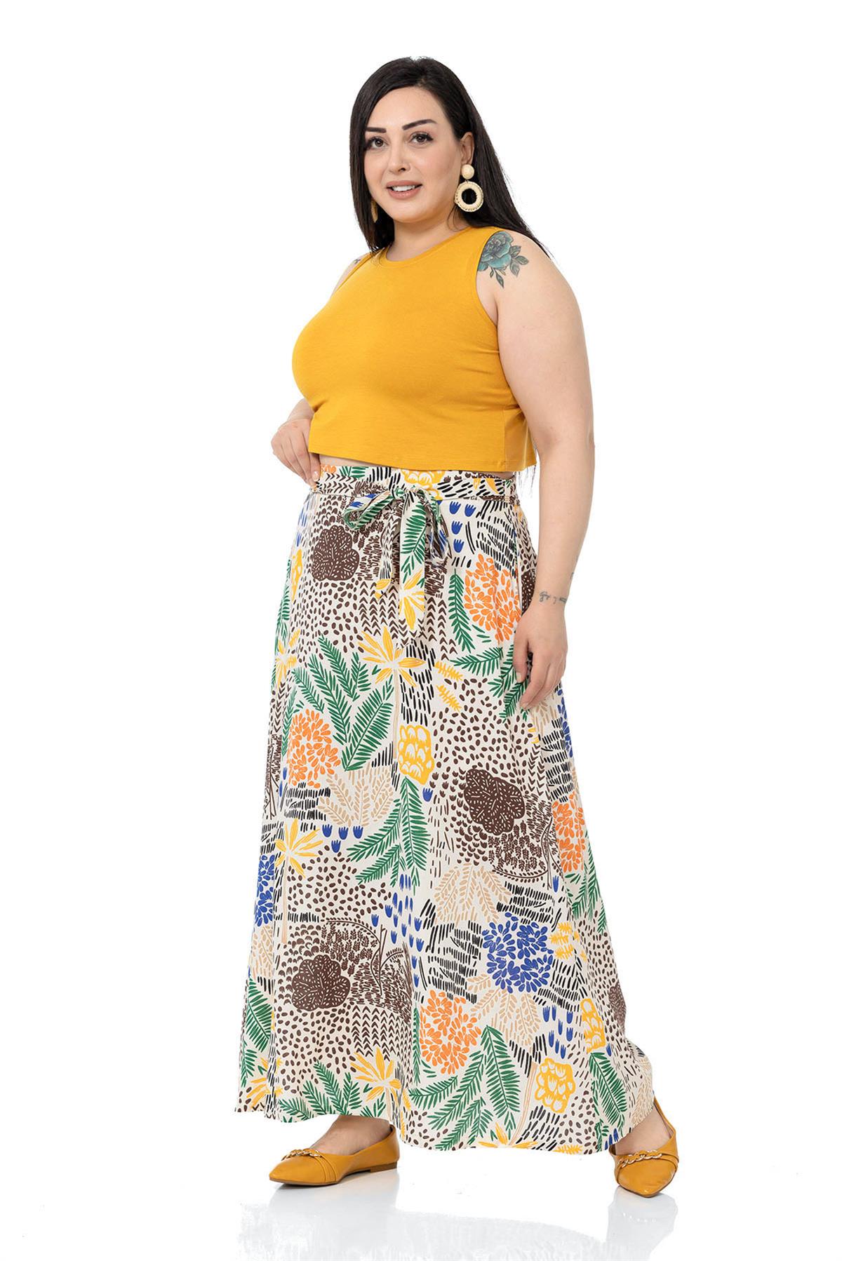 Plus Size Belted Long Ecru Skirt with Elastic Waist Back Flared Pockets