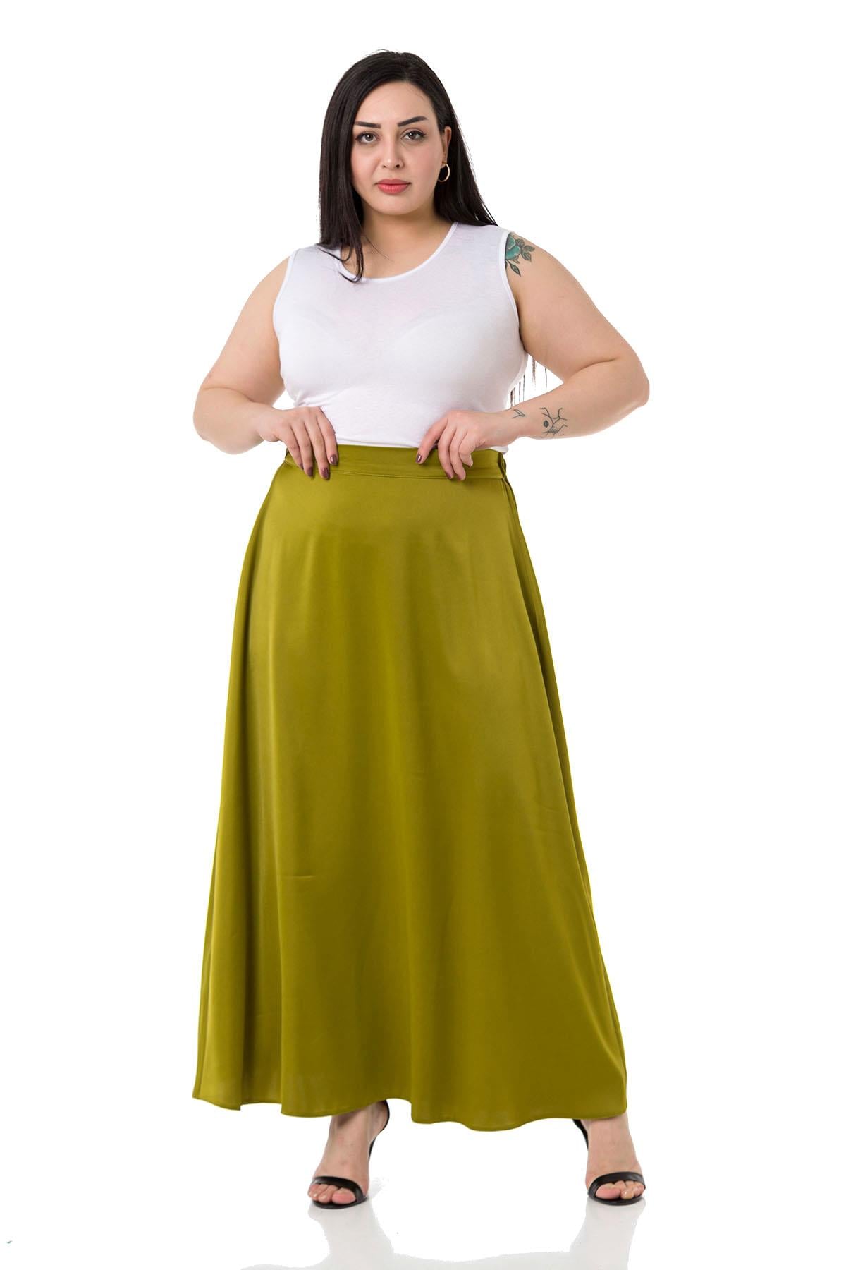 Plus Size Flared Satin Long Pistachio Skirt with Elastic Waist Back