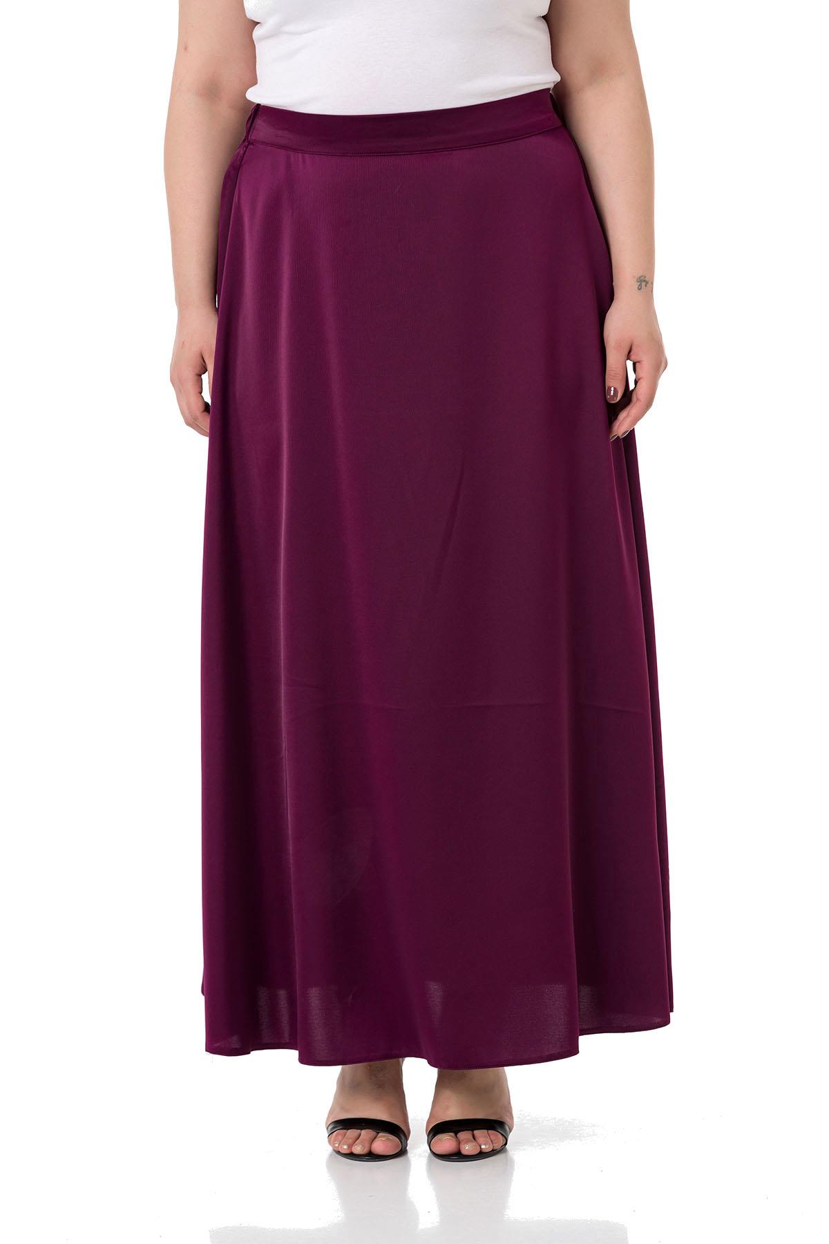 Plus Size Flared Satin Long Plum Skirt with Elastic Waist Back