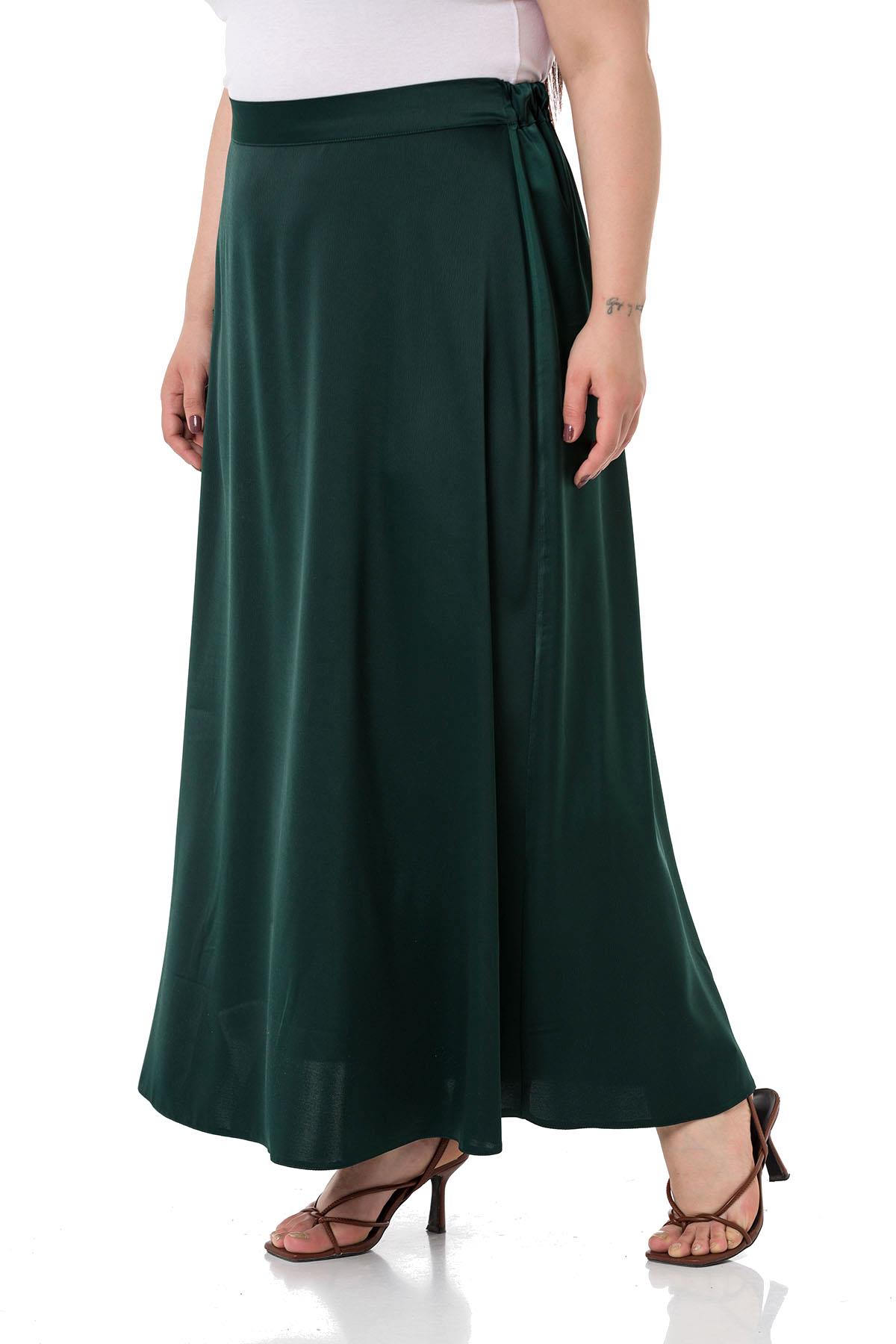 Plus Size Flared Satin Long Emerald Skirt with Elastic Waist Back