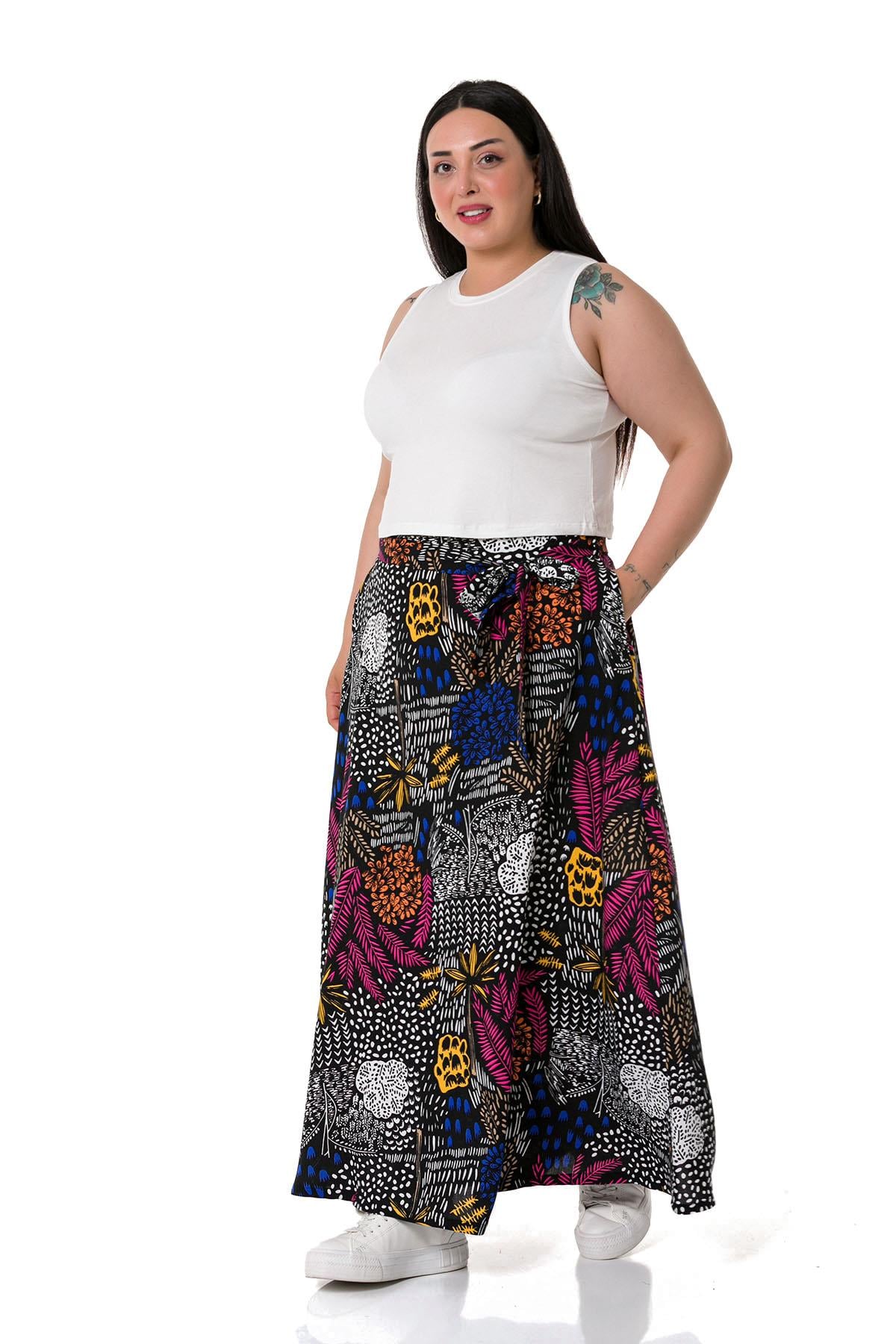Plus Size Belted Long Black Skirt with Elastic Waist Back Flared Pockets