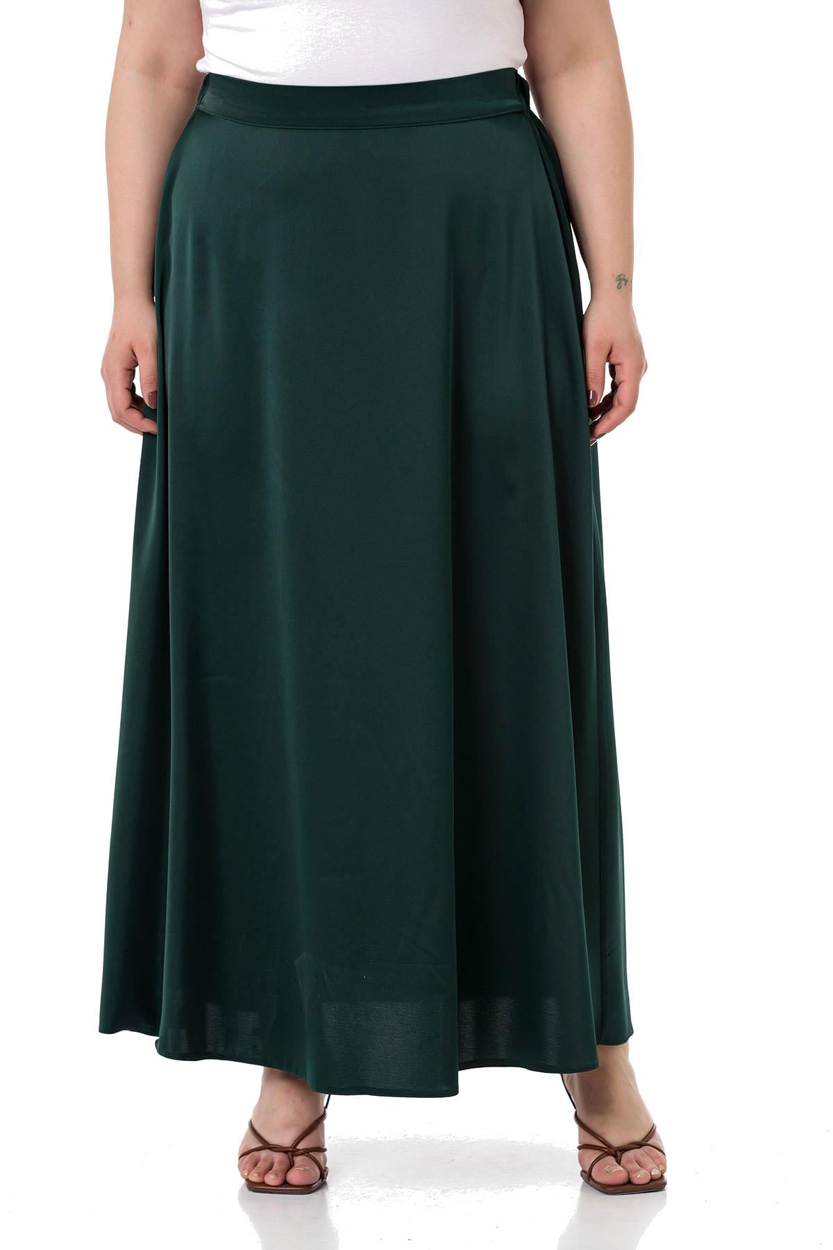 Plus Size Flared Satin Long Emerald Skirt with Elastic Waist Back