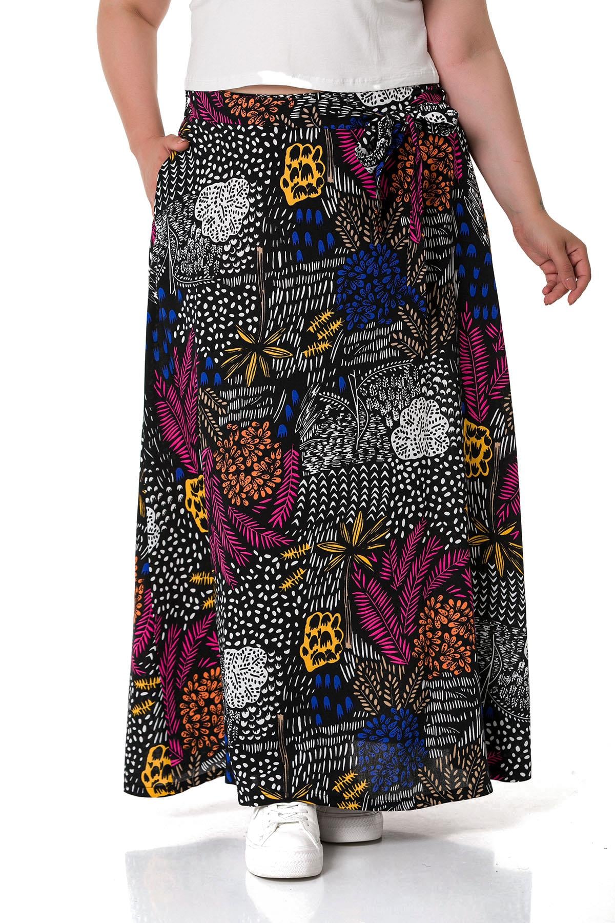 Plus Size Belted Long Black Skirt with Elastic Waist Back Flared Pockets