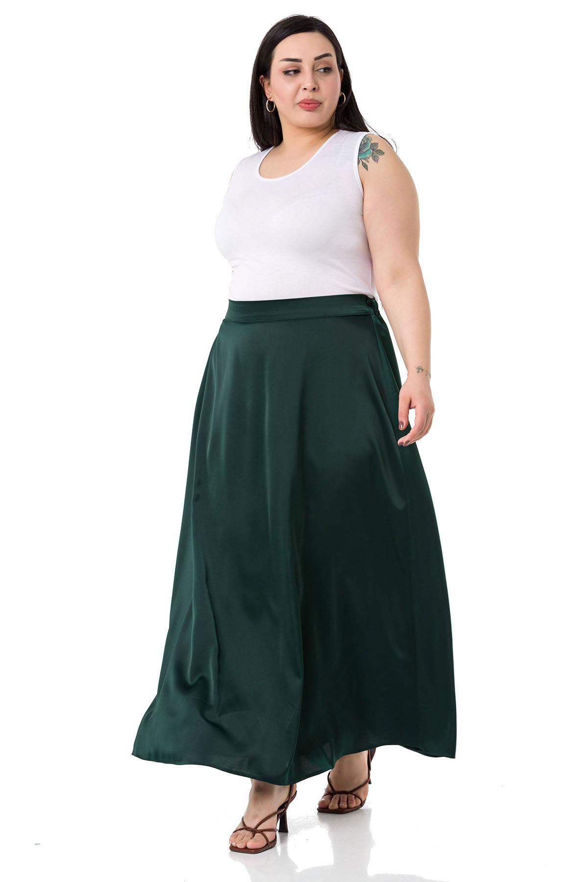 Plus Size Flared Satin Long Emerald Skirt with Elastic Waist Back