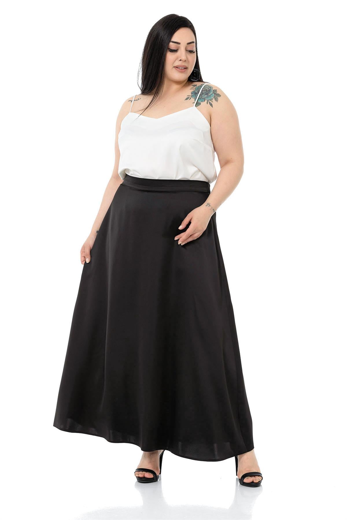 Plus Size Flared Satin Long Black Skirt with Elastic Waist Back