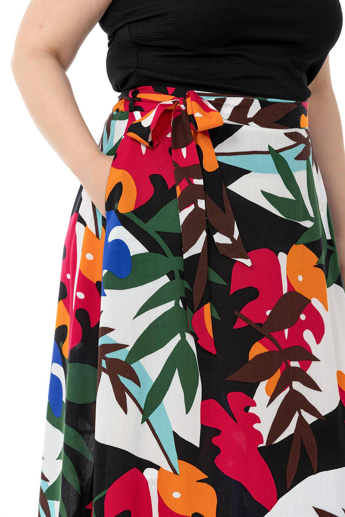 Plus Size Waist Elastic Back Flared Pocket Belted Long Colorful Skirt
