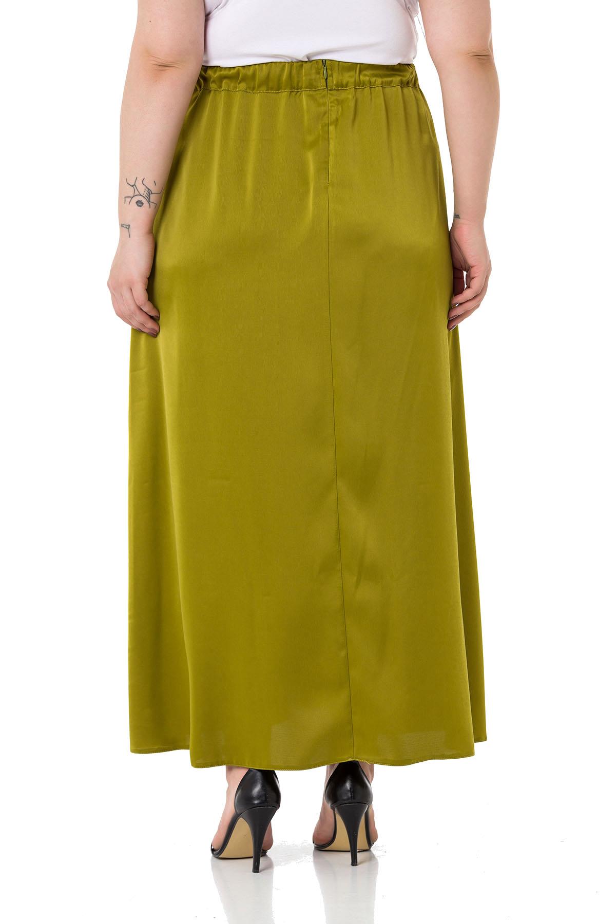 Plus Size Flared Satin Long Pistachio Skirt with Elastic Waist Back