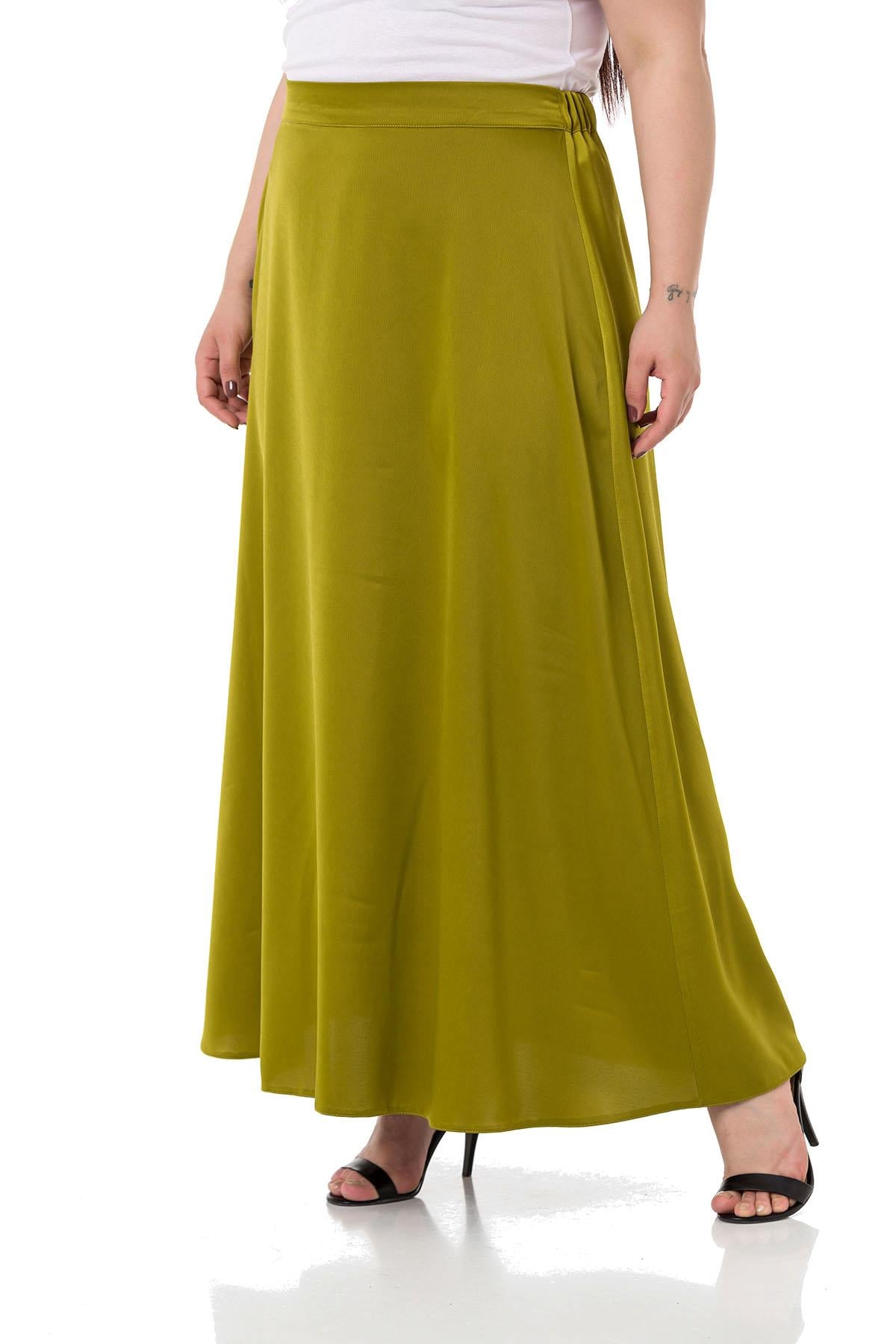 Plus Size Flared Satin Long Pistachio Skirt with Elastic Waist Back