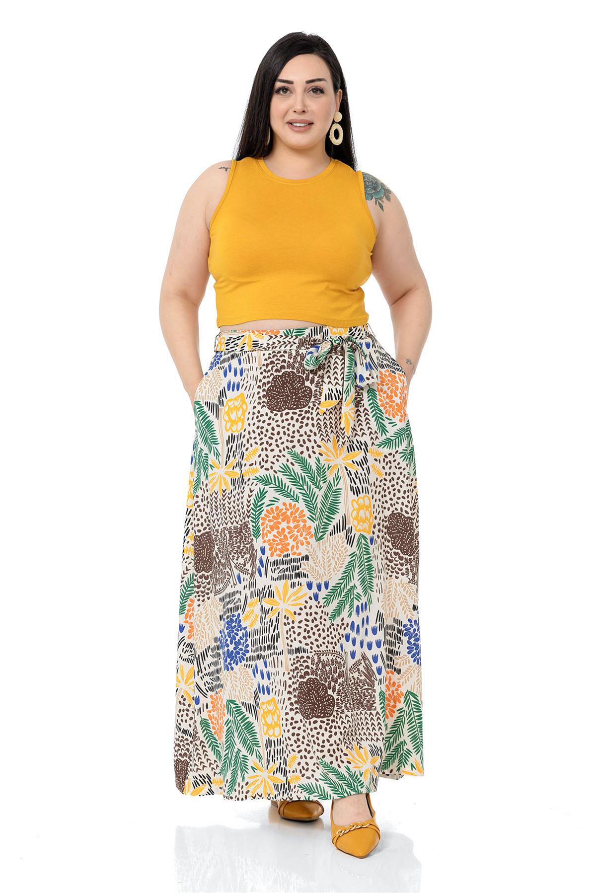Plus Size Belted Long Ecru Skirt with Elastic Waist Back Flared Pockets