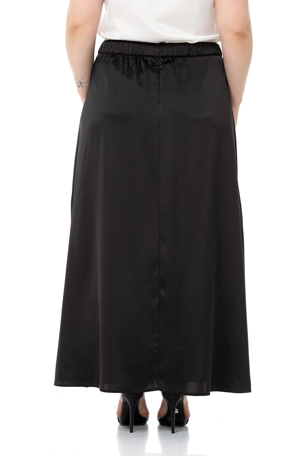 Plus Size Flared Satin Long Black Skirt with Elastic Waist Back
