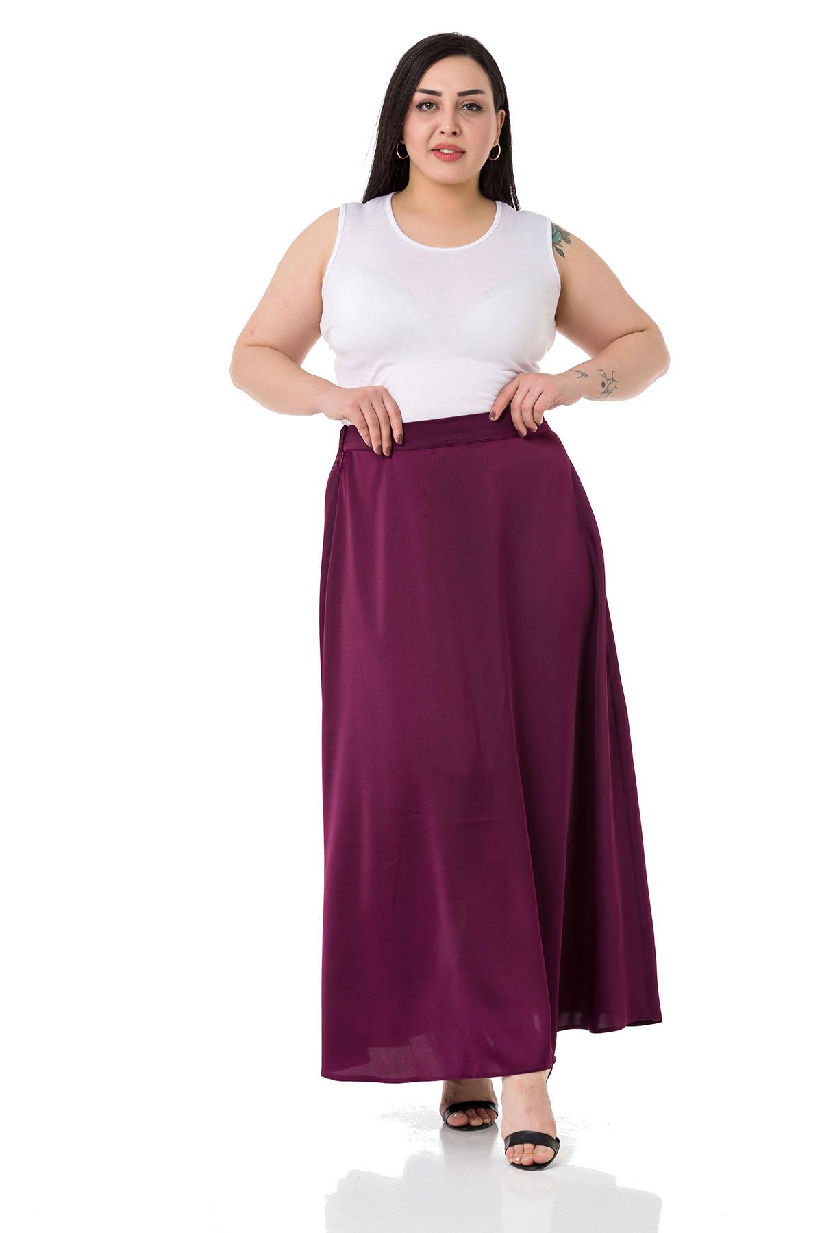 Plus Size Flared Satin Long Plum Skirt with Elastic Waist Back