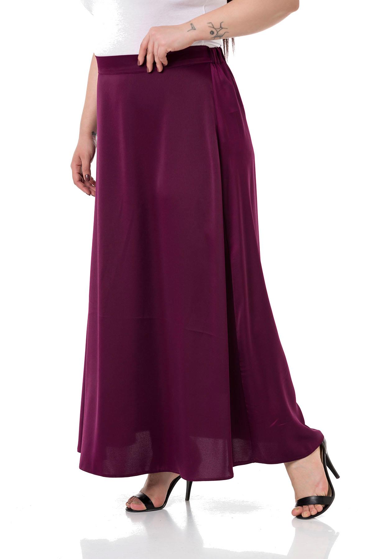 Plus Size Flared Satin Long Plum Skirt with Elastic Waist Back