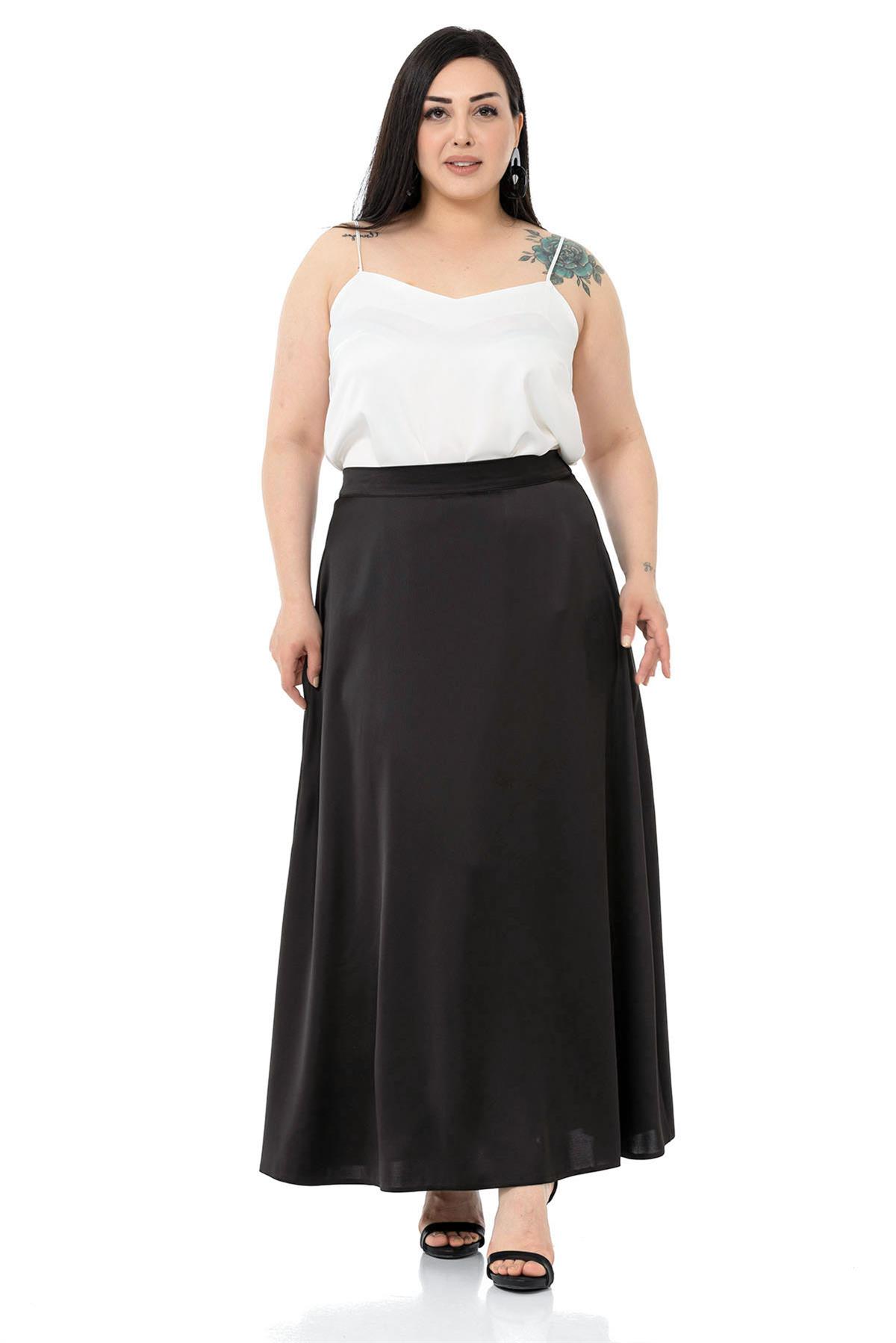 Plus Size Flared Satin Long Black Skirt with Elastic Waist Back