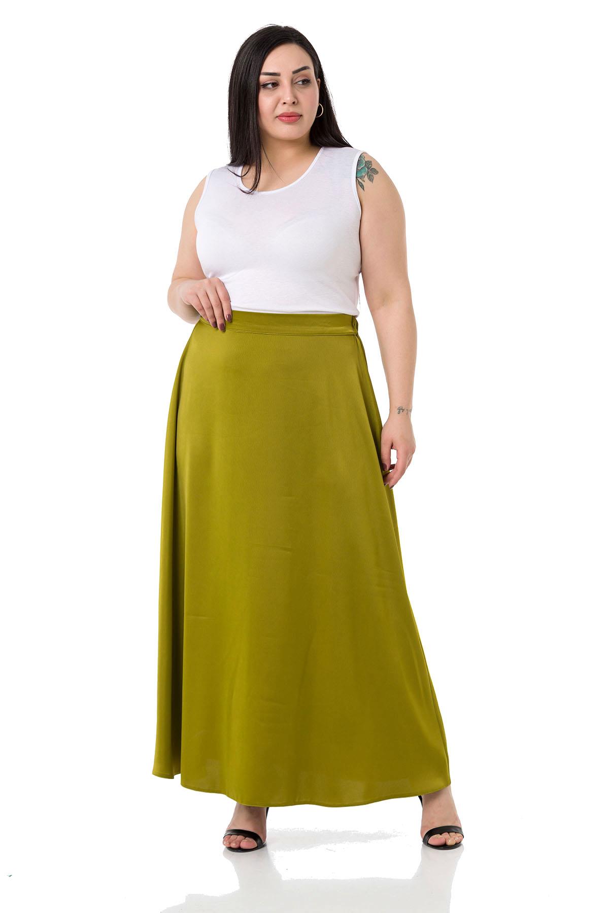 Plus Size Flared Satin Long Pistachio Skirt with Elastic Waist Back