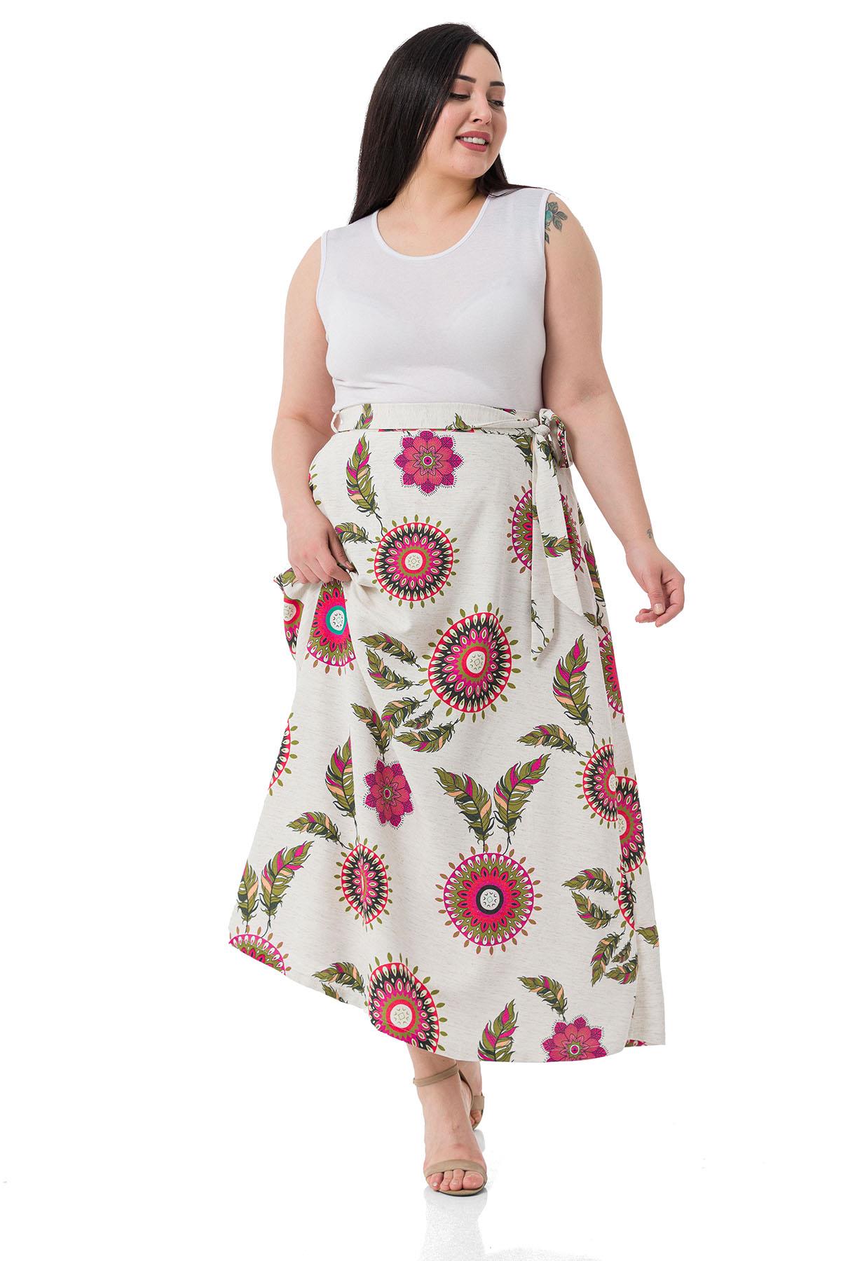 Plus Size Flared Red Patterned Skirt with Elastic Waist Back Belted Belt and Pockets