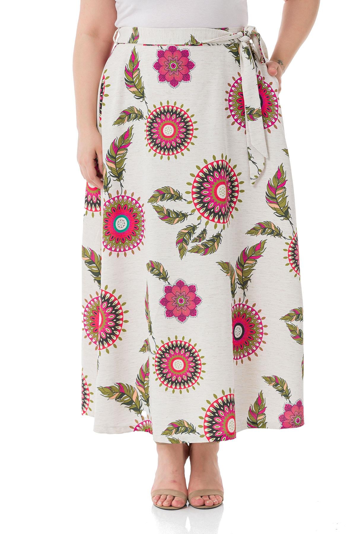 Plus Size Flared Red Patterned Skirt with Elastic Waist Back Belted Belt and Pockets