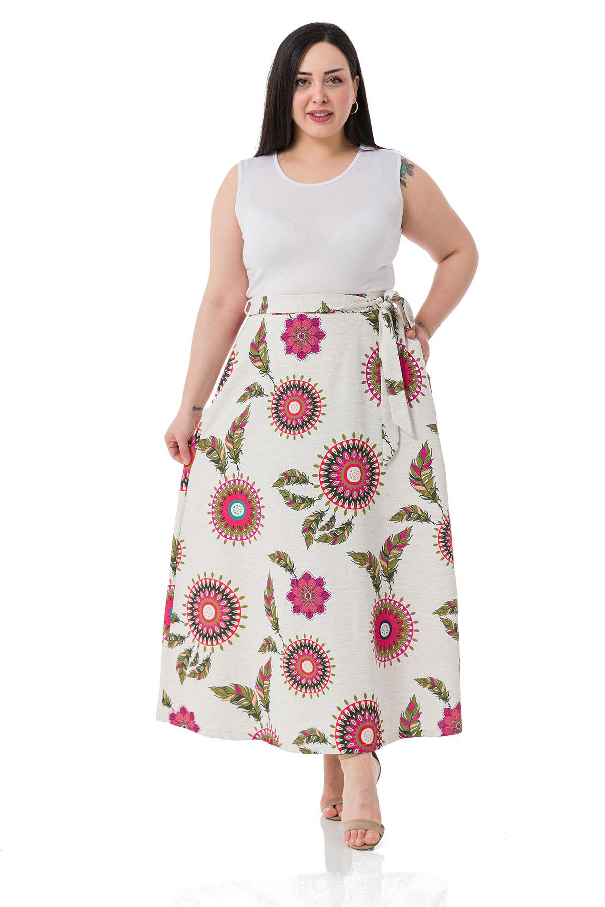 Plus Size Flared Red Patterned Skirt with Elastic Waist Back Belted Belt and Pockets