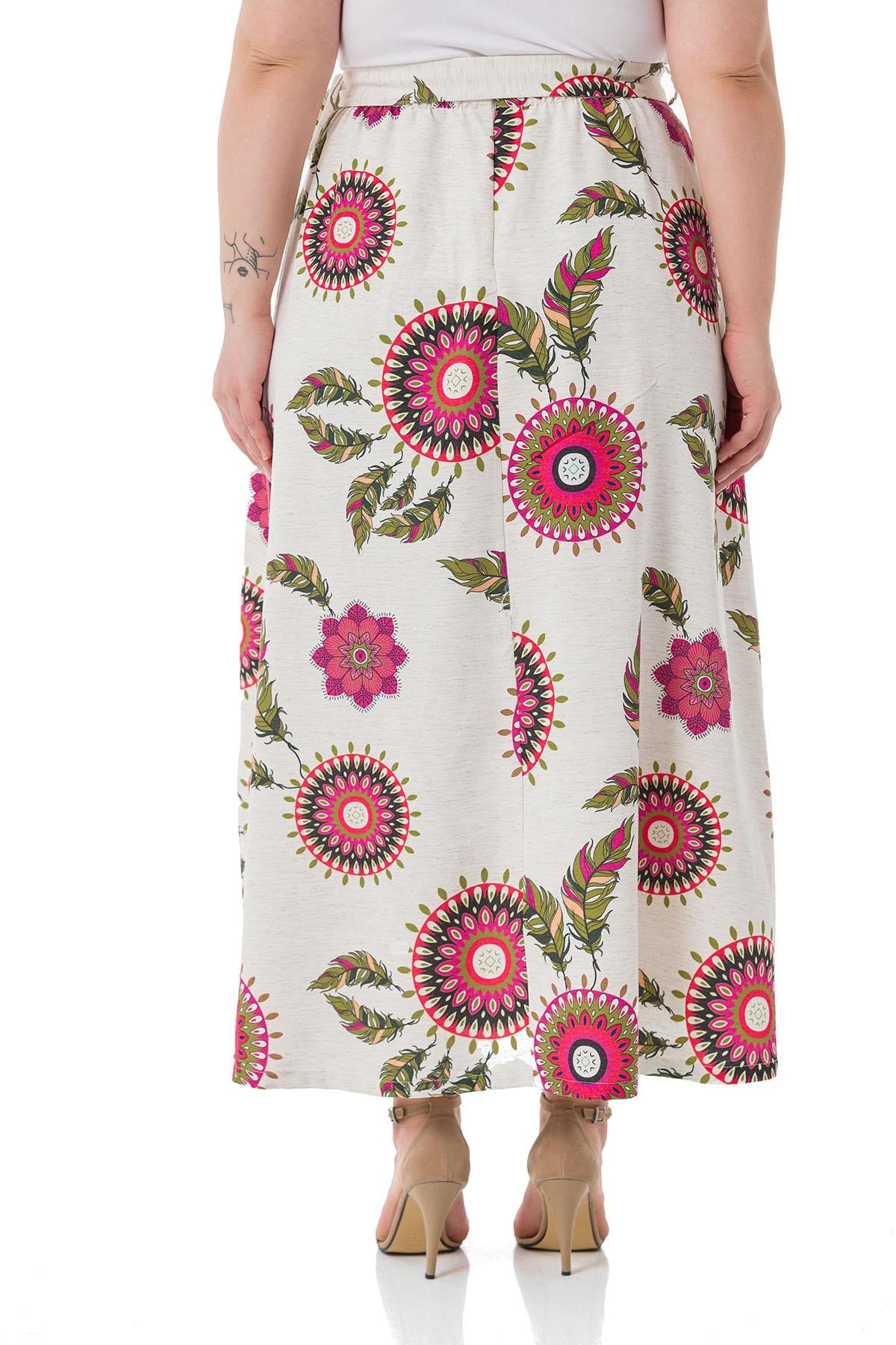 Plus Size Flared Red Patterned Skirt with Elastic Waist Back Belted Belt and Pockets
