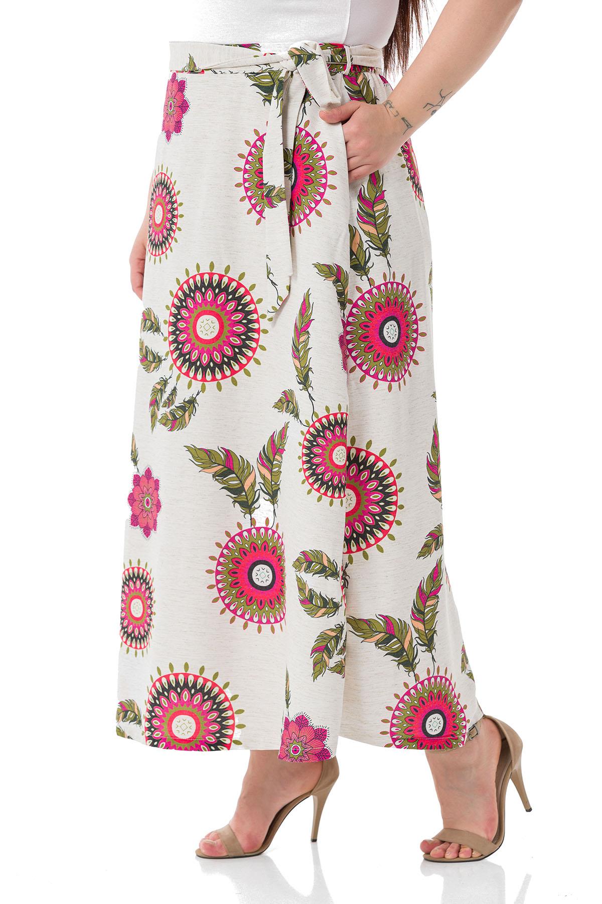 Plus Size Flared Red Patterned Skirt with Elastic Waist Back Belted Belt and Pockets