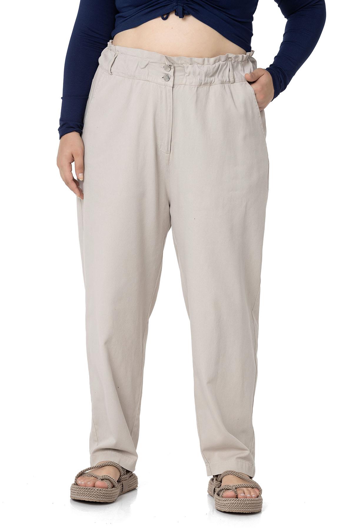 Plus Size High Waisted Gabardine Stone Trousers with Ruffle Detail