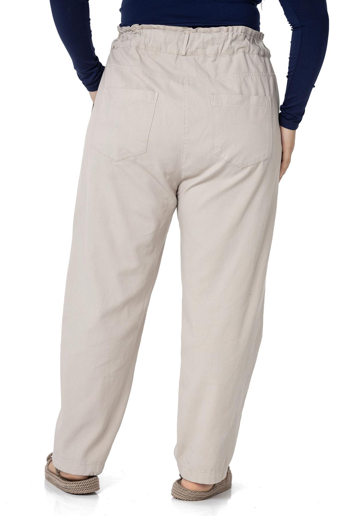 Plus Size High Waisted Gabardine Stone Trousers with Ruffle Detail