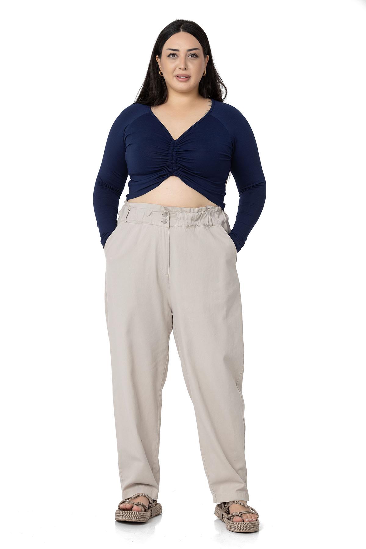 Plus Size High Waisted Gabardine Stone Trousers with Ruffle Detail