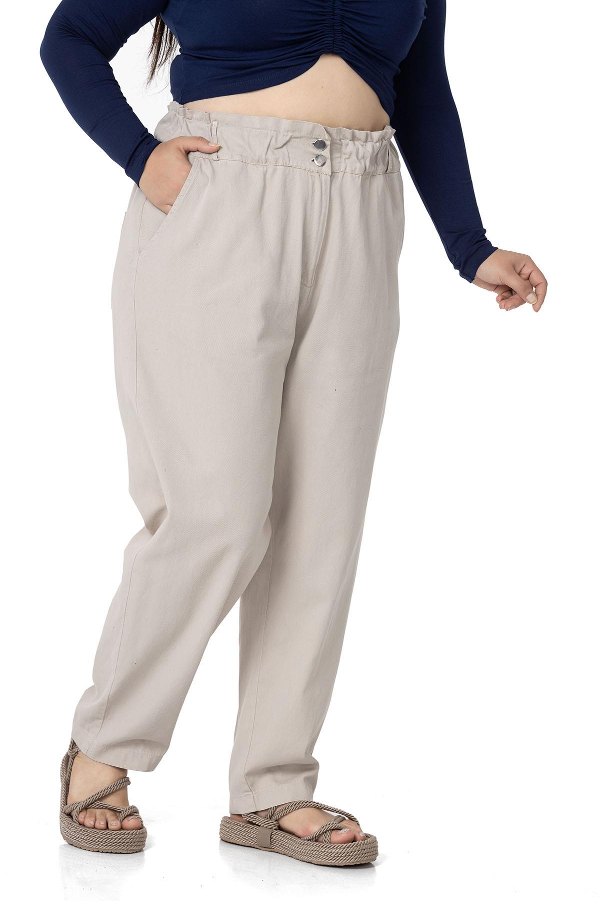 Plus Size High Waisted Gabardine Stone Trousers with Ruffle Detail
