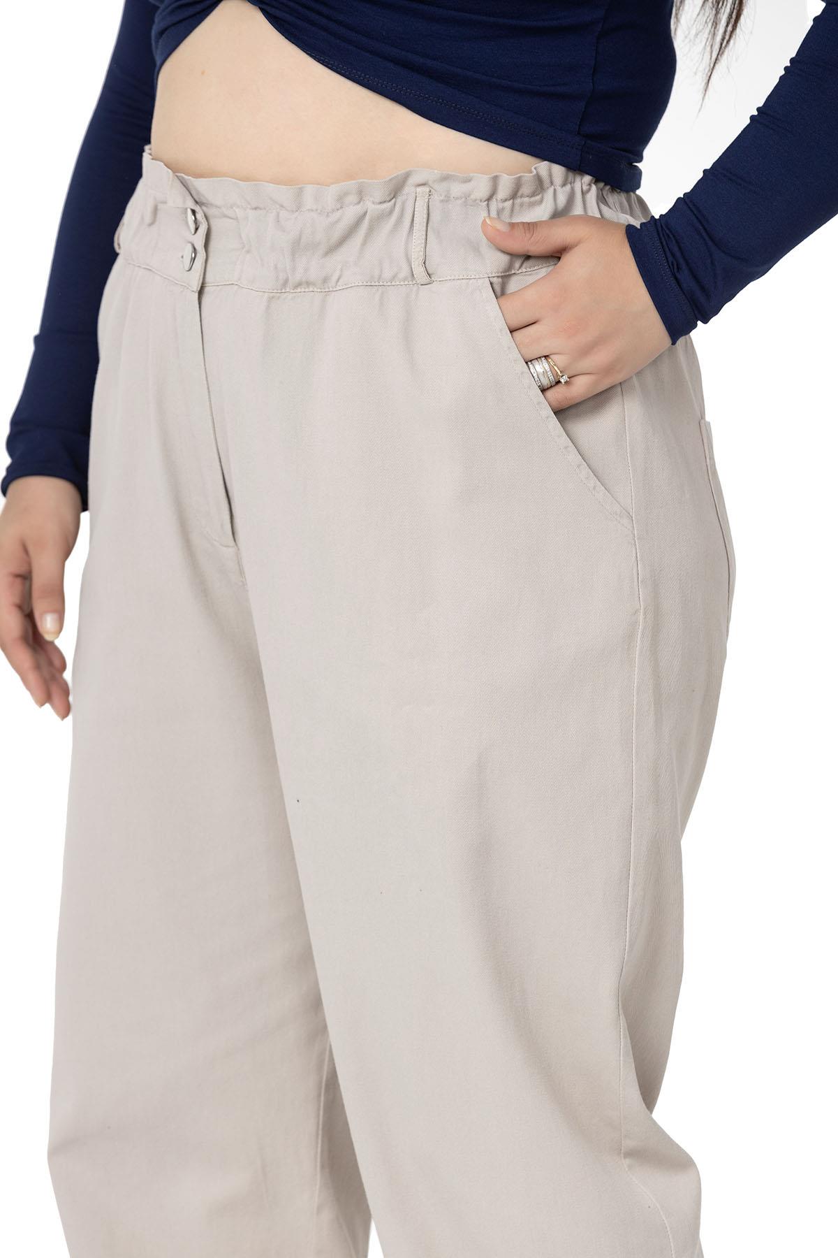 Plus Size High Waisted Gabardine Stone Trousers with Ruffle Detail