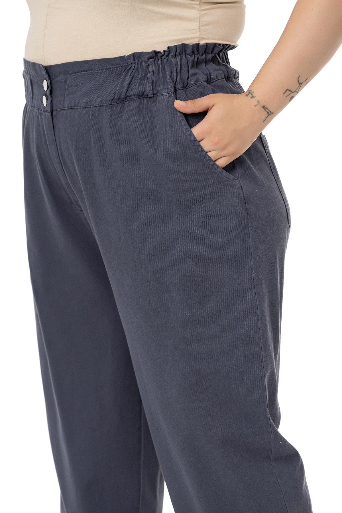 Plus Size High Waisted Gabardine Anthracite Trousers with Ruffle Detail