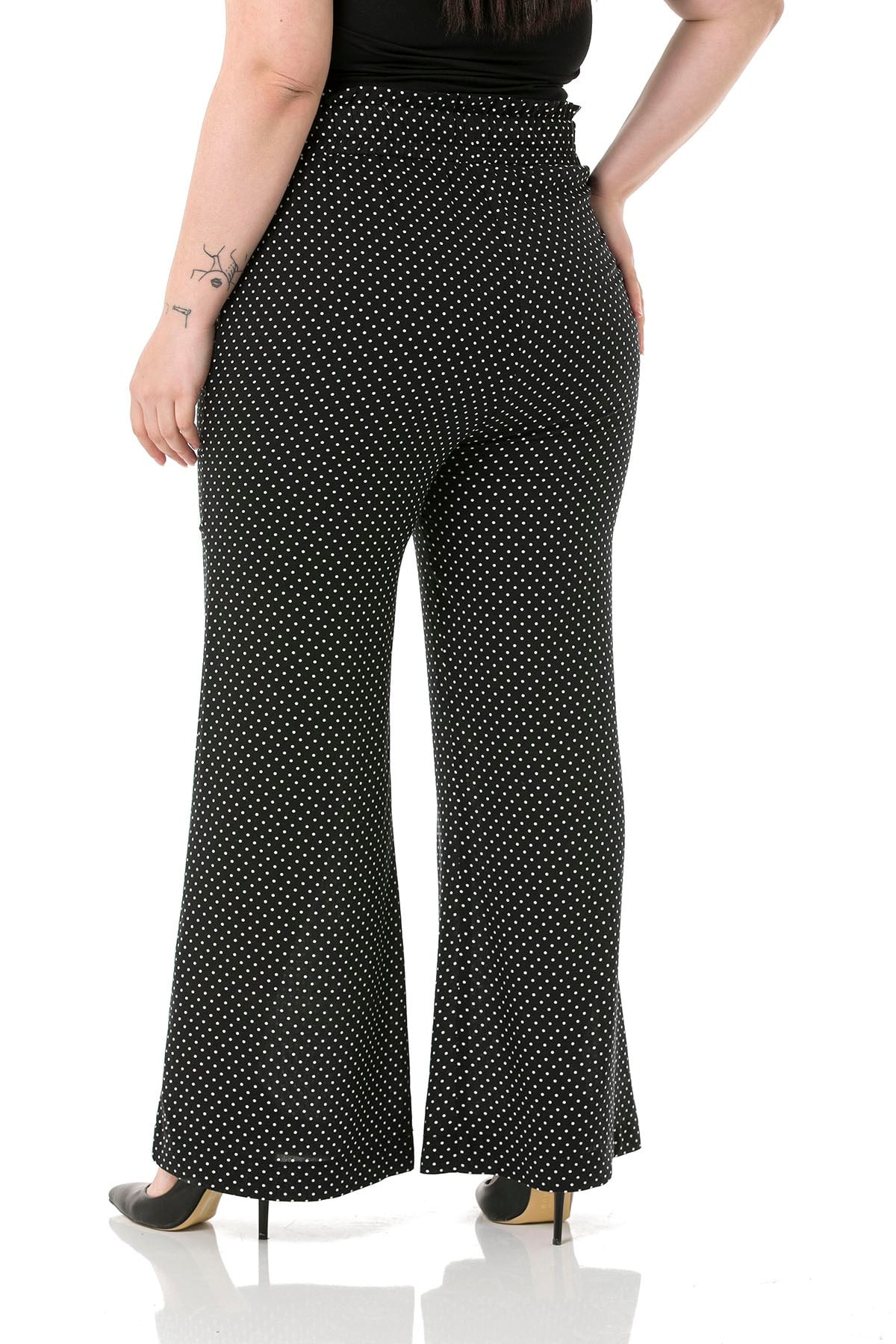 Plus Size Wide Elastic Waist Drawstring Wide Leg Polka Dot Black Trousers