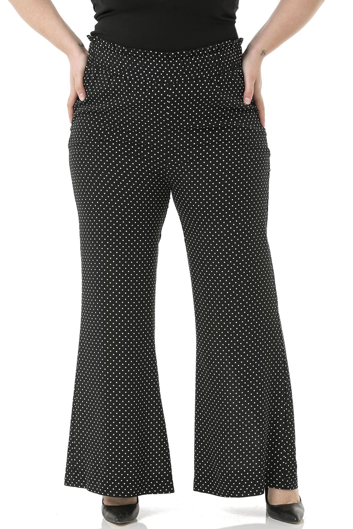 Plus Size Wide Elastic Waist Drawstring Wide Leg Polka Dot Black Trousers