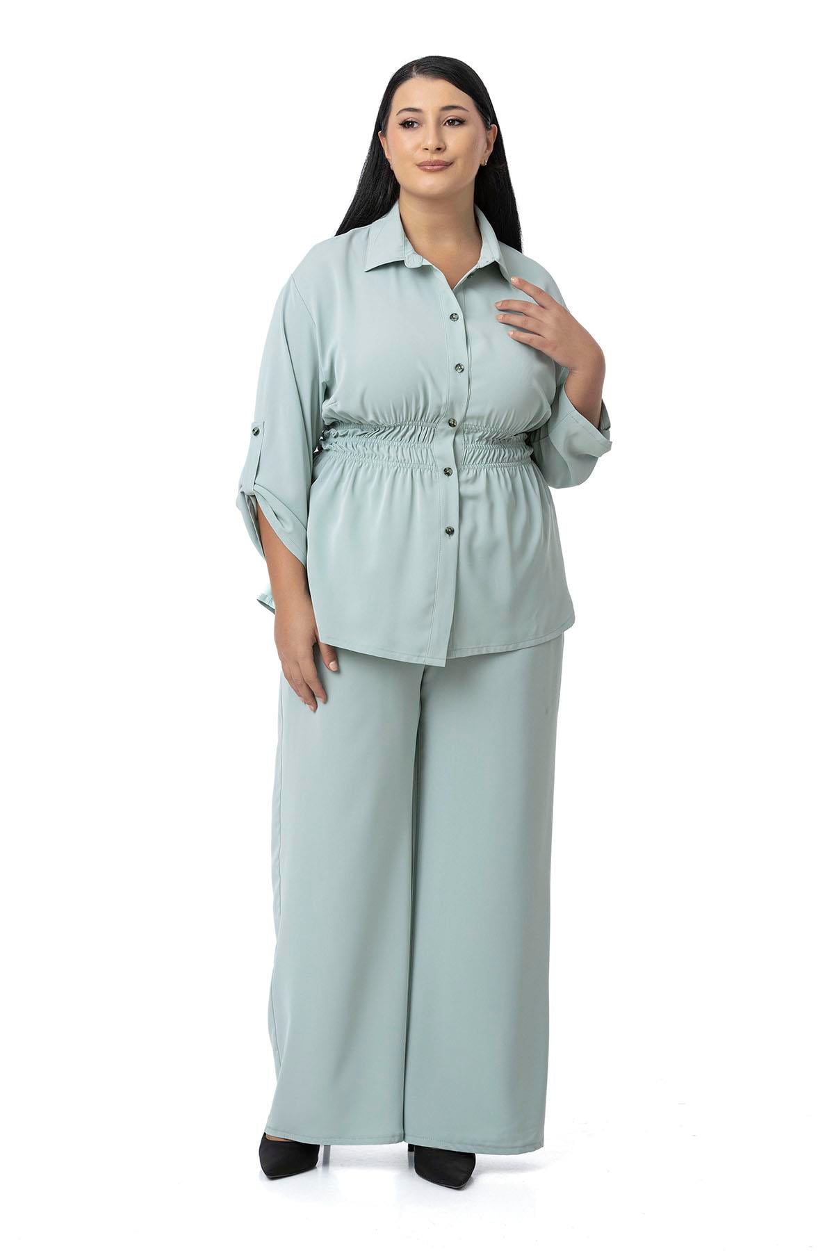 Plus Size Shirt Trousers with Elastic Waist Drawstring Detail Mint Double Suit