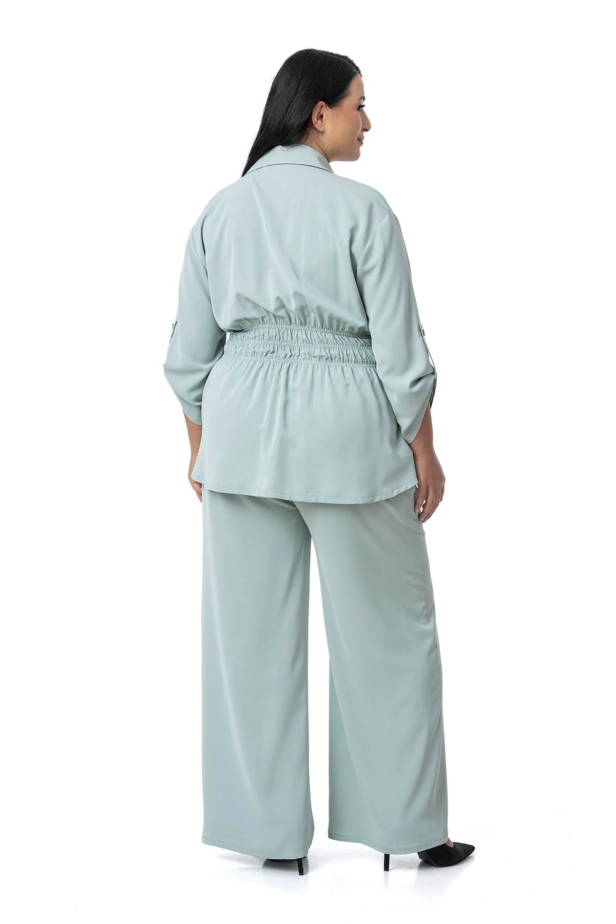 Plus Size Shirt Trousers with Elastic Waist Drawstring Detail Mint Double Suit